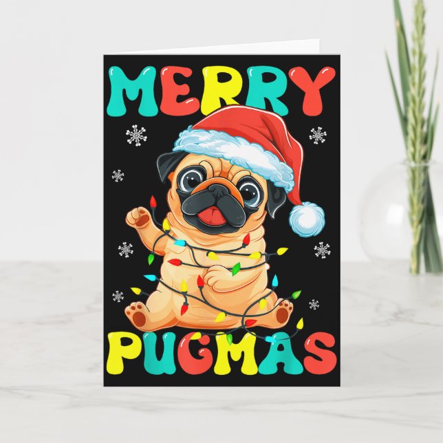 Tarjeta Feliz Pugmas Pug Navidad Santa Pug Luces de Navida (Anverso)