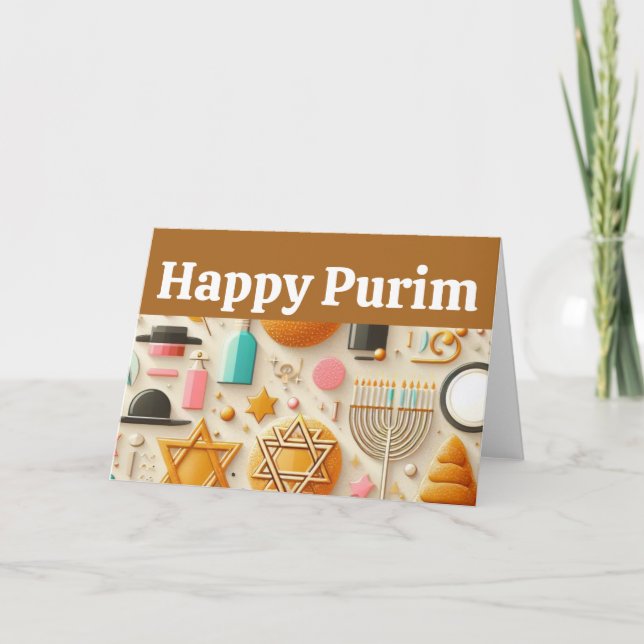 Tarjeta Feliz Purim, Estrella De David, Menorá, Kosher, Ar (Anverso)