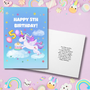 Tarjeta Feliz quinto cumpleaños de Unicornio con pastel de