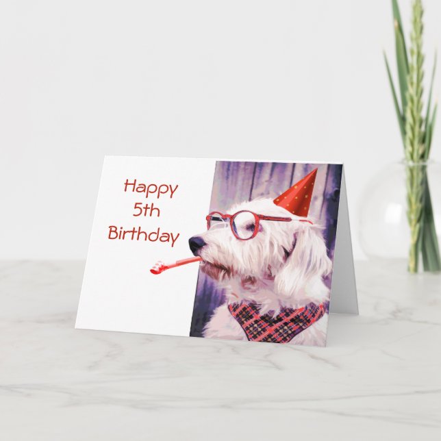 Tarjeta Feliz quinto cumpleaños Divertido perro Mascota Bl (Anverso)