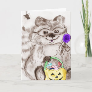 Tarjeta Feliz Raccoon disfrazado de Halloween