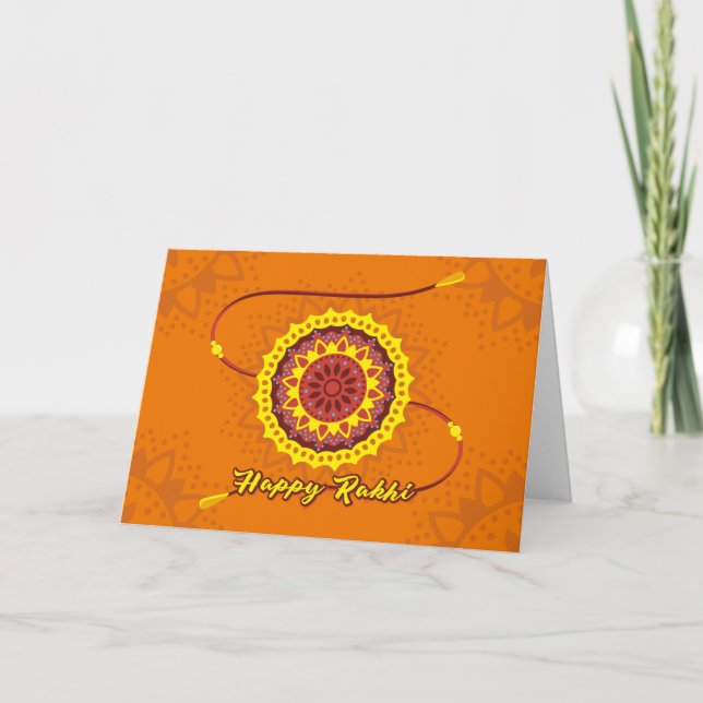 Tarjeta Feliz Raksha Bandhan, naranja, muñeca amarilla (Anverso)