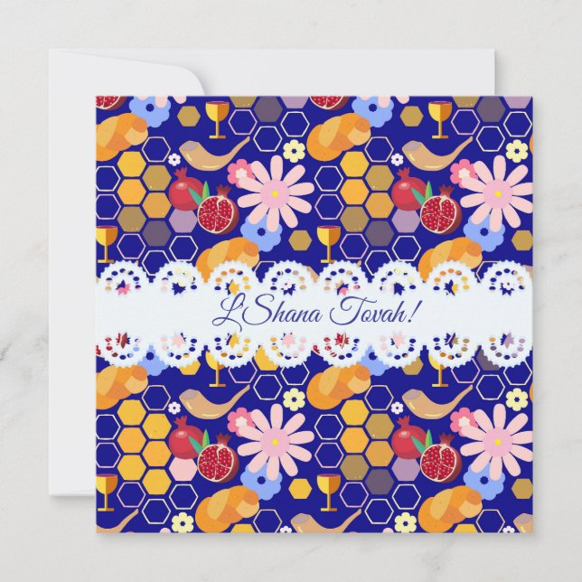 Tarjeta Feliz Rosh Hashanah Patrón floral de Año Nuevo jud (Anverso)