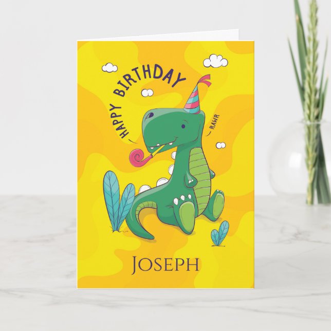 Tarjeta Feliz saludo de cumpleaños a los niños de Dinosaur (Anverso)
