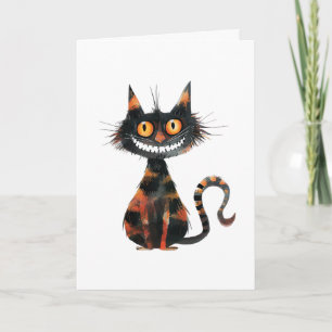 Tarjeta Feliz saludo de Gato Negro asustado de Halloween