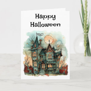 Tarjeta Feliz saludo de la casa embrujada de Halloween