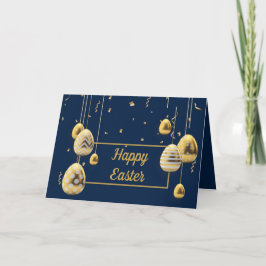 Tarjeta Feliz saludo de Pascua Azul y Huevos Dorados