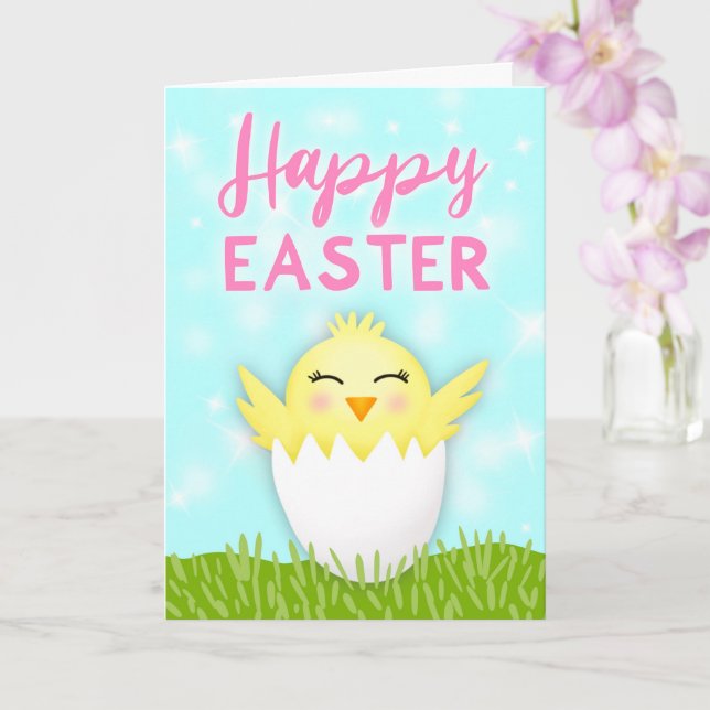 Tarjeta Feliz saludo de polluelo de bebé de Pascua (Orquídea)