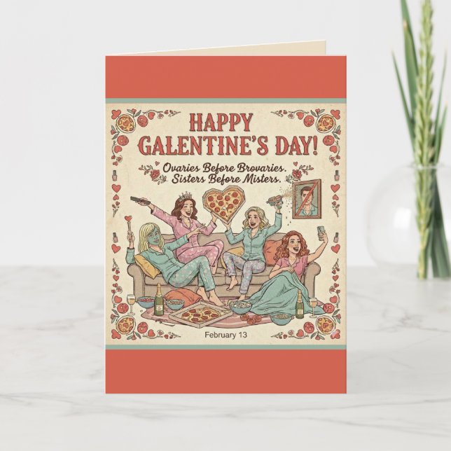 Tarjeta Feliz saludo del Día de Galentín, cuatro amigas (Anverso)