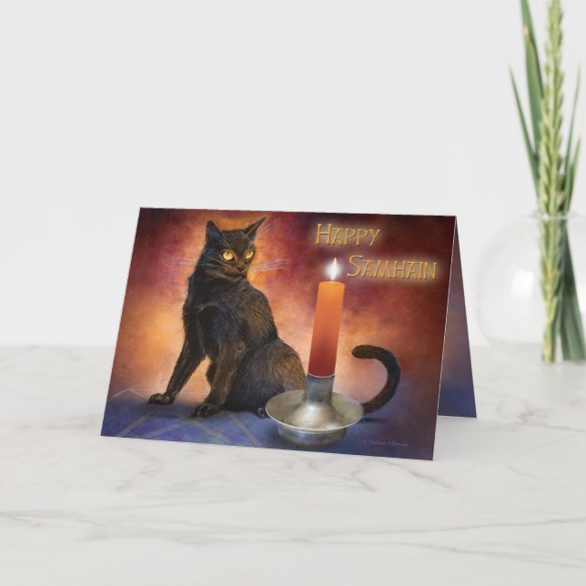 Tarjeta Feliz Samhain Kitten y Candle. (Anverso)