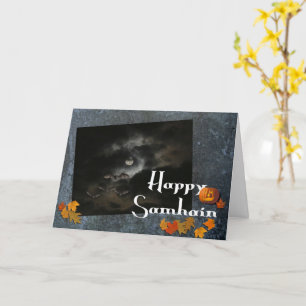 Tarjeta Feliz Samhain-Luna Llena/Hojas de Otoño