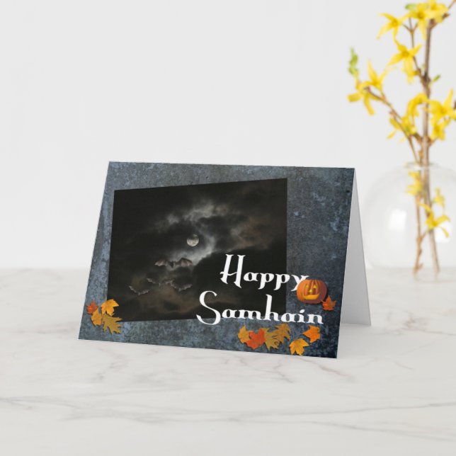 Tarjeta Feliz Samhain-Luna Llena/Hojas de Otoño (flor amarilla)