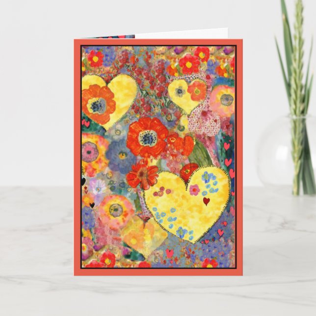 Tarjeta Feliz San Valentín con corazones y flores (Anverso)