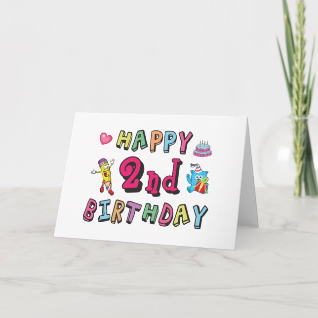 Tarjeta Feliz segundo cumpleaños. 2 años cumpleaños. (Anverso)