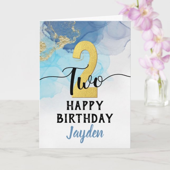 Tarjeta Feliz segundo cumpleaños, azul acuarela y dorado (Orquídea)