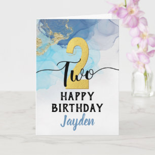 Tarjeta Feliz segundo cumpleaños, azul acuarela y dorado