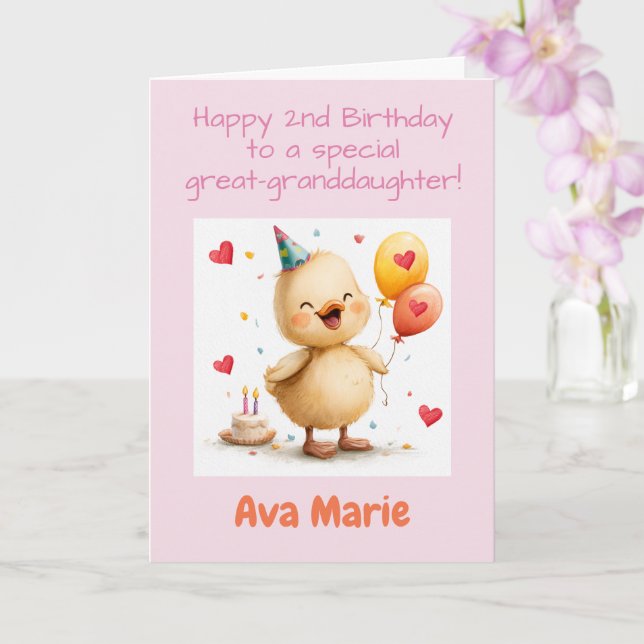 Tarjeta Feliz segundo cumpleaños bisnieta, patito (Orquídea)