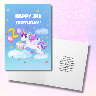Tarjeta Feliz segundo cumpleaños de Unicornio con pastel d