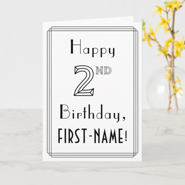 Tarjeta Feliz segundo cumpleaños, estilo Art Deco con nomb (flor amarilla)