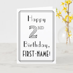 Tarjeta Feliz segundo cumpleaños, estilo Art Deco con nomb