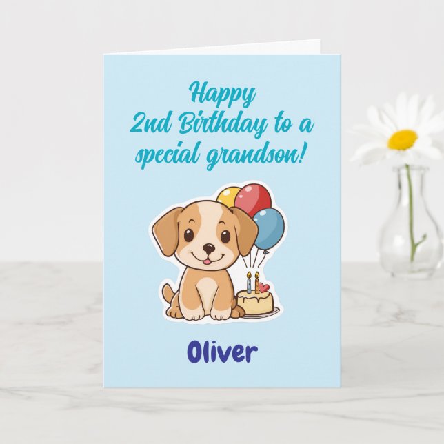 Tarjeta Feliz segundo cumpleaños nieto, cachorro, personal (Planta pequeña)