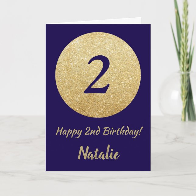 Tarjeta Feliz segundo cumpleaños, Purpurina azul y oro de  (Anverso)