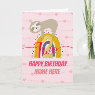 Tarjeta Feliz segundo cumpleaños Sloth Rainbow Pink & Gold