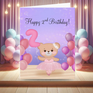 Tarjeta Feliz segundo cumpleaños Teddy Bear Ballerina en e