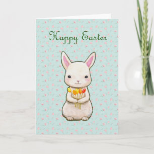 Tarjeta Feliz Semana Santa Conejo Blanco con flores Primav