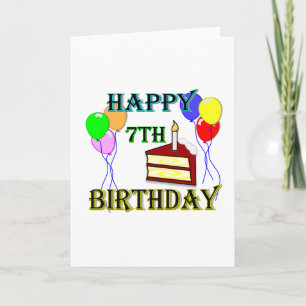 Tarjeta Feliz sétimo cumpleaños con pasteles, globos y vel