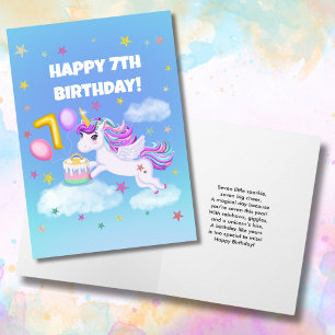 Tarjeta Feliz sétimo cumpleaños de Unicornio con pastel de