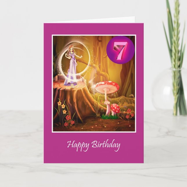 Tarjeta Feliz sétimo cumpleaños para chica con hada sétima (Anverso)