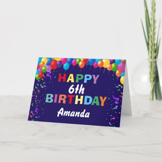 Tarjeta Feliz sexto cumpleaños, azul de la marina de los g (Anverso)