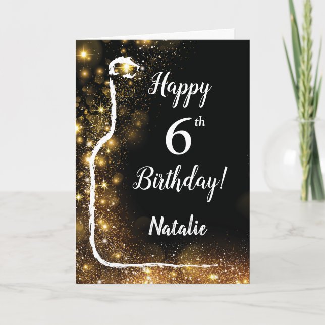 Tarjeta Feliz sexto cumpleaños vino negro y Purpurina de o (Anverso)