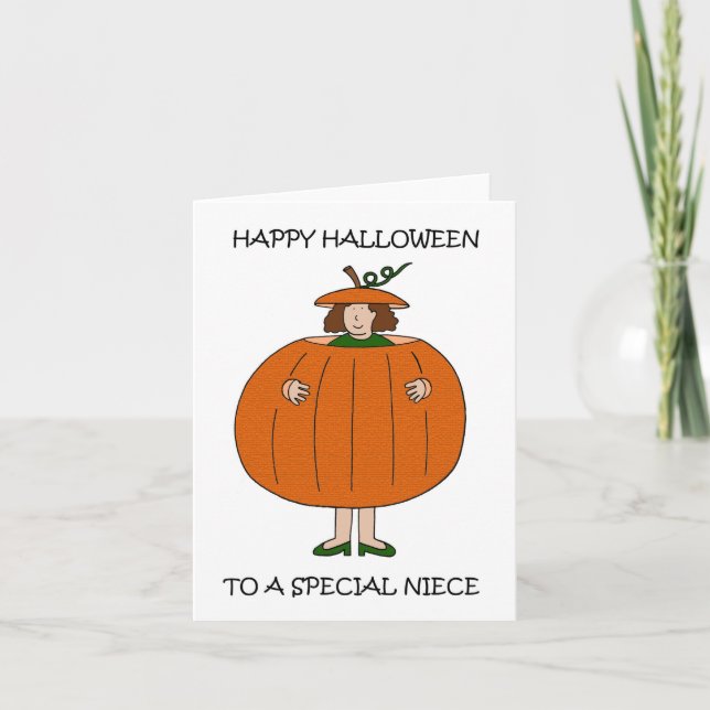 Tarjeta Feliz sobrina de Halloween con ropa de calabaza (Anverso)