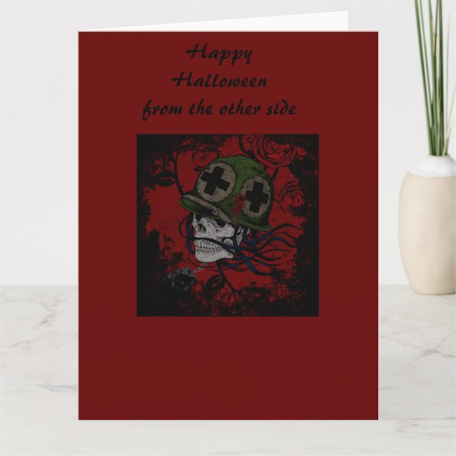 Tarjeta Feliz soldado esqueleto de Halloween (Anverso)