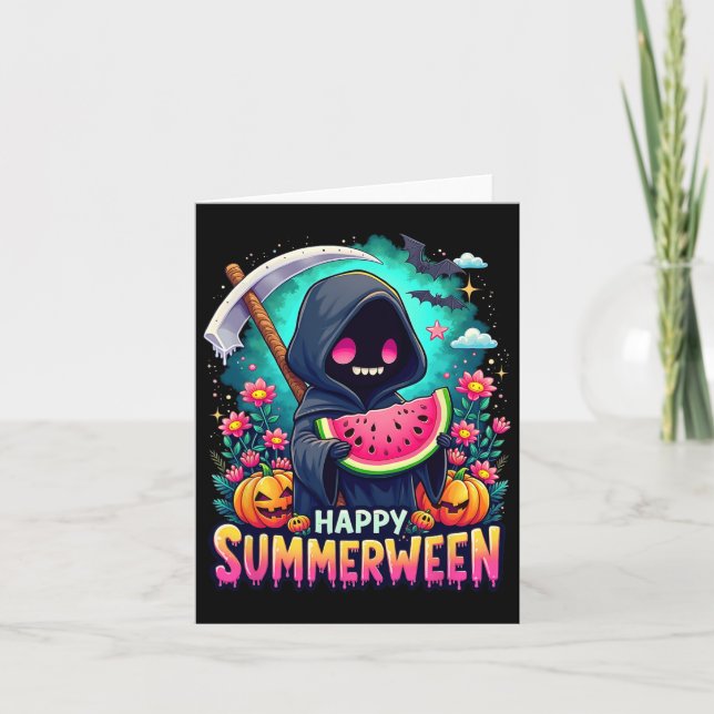 Tarjeta Feliz Summerween Esqueleto Jack-o-lantern Calabací (Anverso)