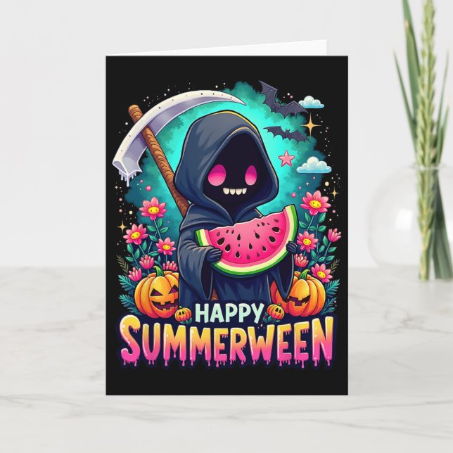 Tarjeta Feliz Summerween Esqueleto Jack-o-lantern Sandía d (Anverso)