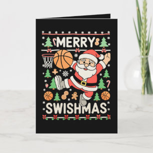Tarjeta Feliz Swishmas feo baloncesto de Navidad Santa