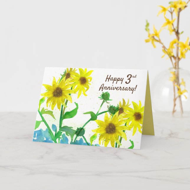 Tarjeta Feliz tercer aniversario Sunflowers Watercolor (flor amarilla)