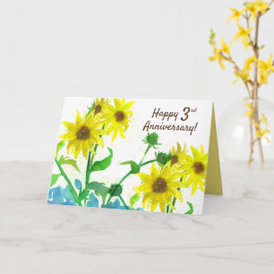 Tarjeta Feliz tercer aniversario Sunflowers Watercolor