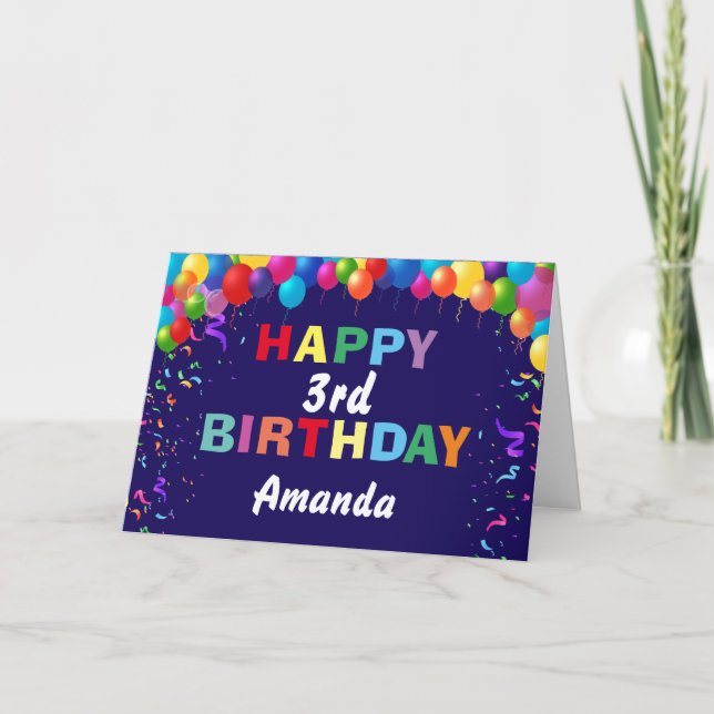 Tarjeta Feliz tercer cumpleaños, azul de la Marina de los  (Anverso)