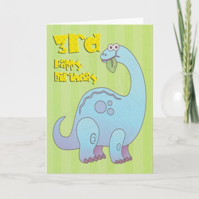 Tarjeta Feliz tercer cumpleaños de dinosaurio azul (Anverso)