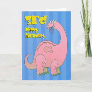 Tarjeta Feliz tercer cumpleaños de dinosaurio rosa