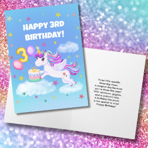 Tarjeta Feliz tercer cumpleaños de Unicornio con pastel de