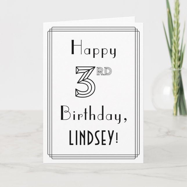 Tarjeta Feliz tercer cumpleaños, estilo Art Deco con nombr (Anverso)