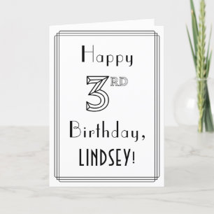Tarjeta Feliz tercer cumpleaños, estilo Art Deco con nombr