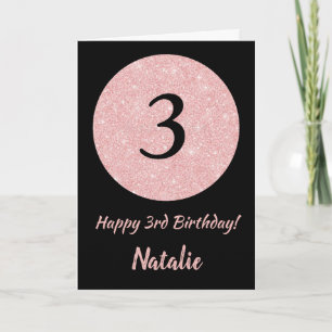Tarjeta Feliz tercer cumpleaños, oro negro y rosado Rosa