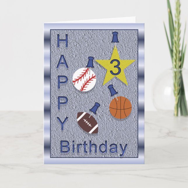 Tarjeta Feliz tercer cumpleaños tema de deportes (Anverso)