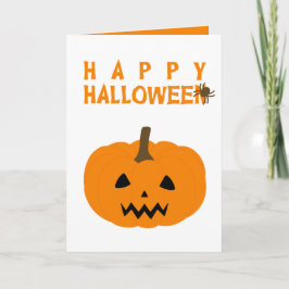 Tarjeta Feliz texto de Halloween y calabaza en blanco